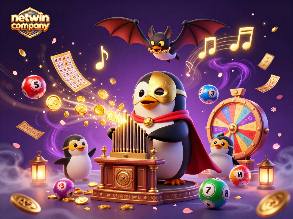 Engage with fun from netwin company as a penguin plays a golden organ with lottery and bingo elements.