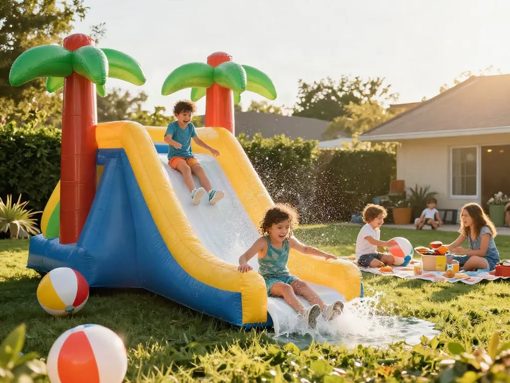 Children gleefully enjoying a slip and slide in a sunny backyard, surrounded by inflatable toys.