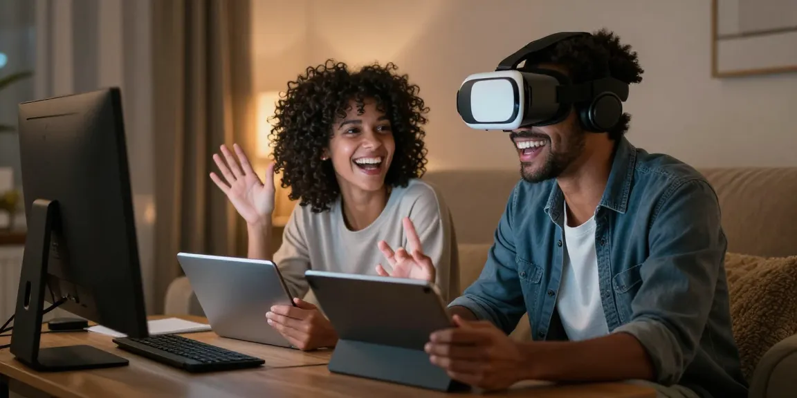 Couple enjoying lively ai sex chat experience illuminated by screen light in cozy setting, showcasing modern intimacy.