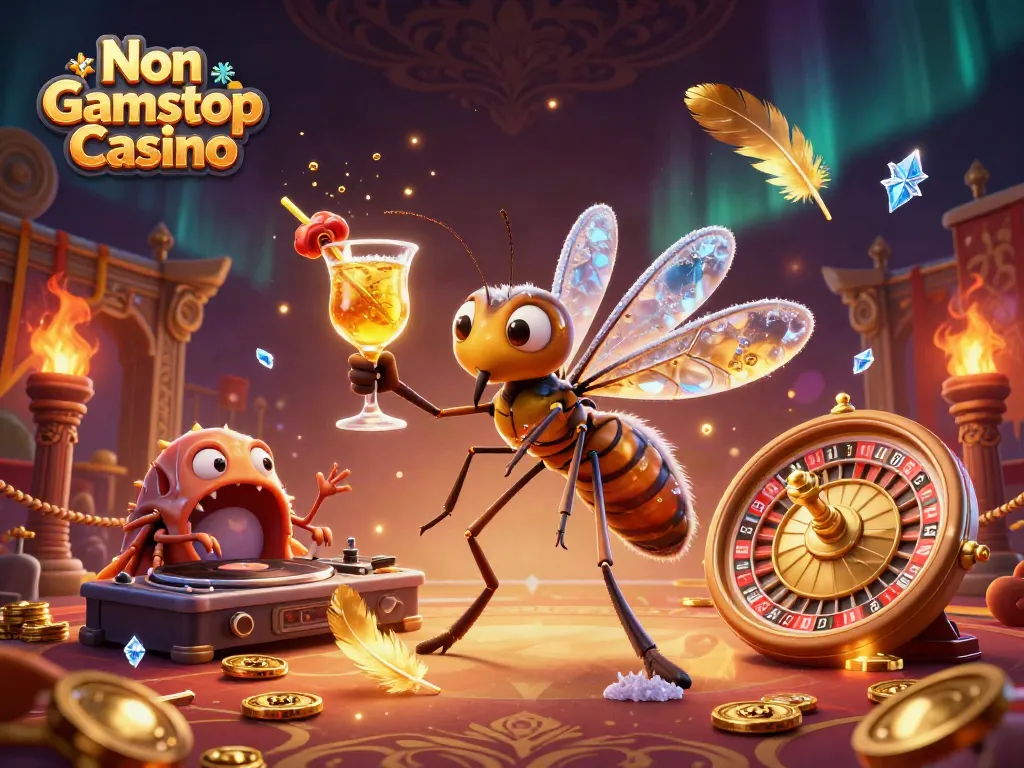 Experience the excitement of Non Gamstop Casino with a dynamic casino-themed illustration featuring unique characters.