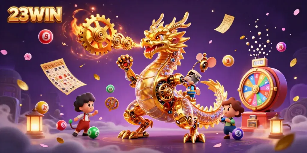 Experience exhilarating wins with 23WIN featuring a golden dragon, lottery balls, and prize elements.