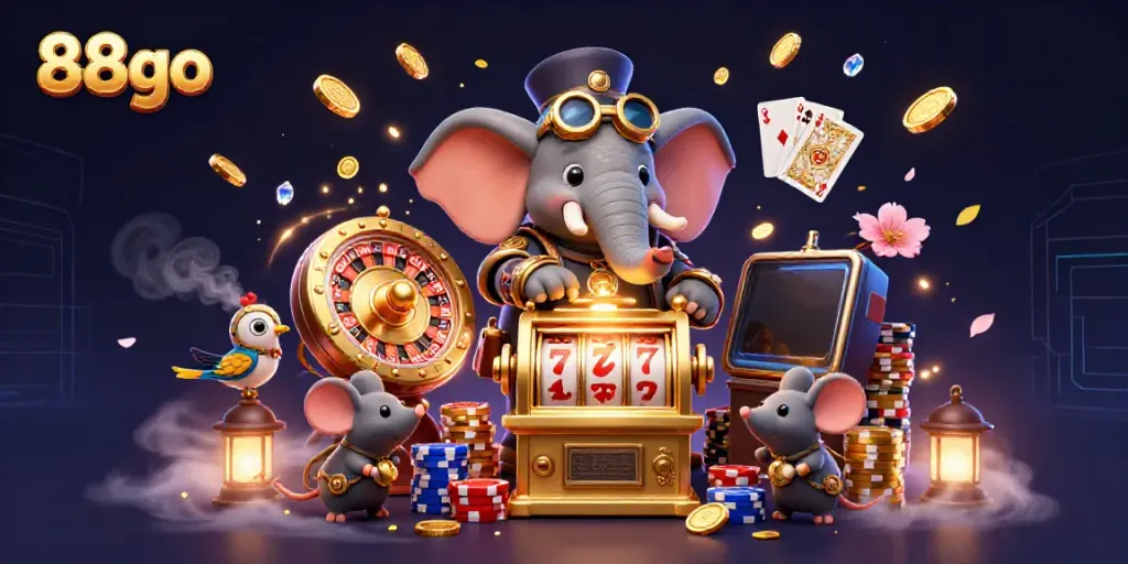 88go slots scene with a steampunk elephant engaging players in vibrant casino action.