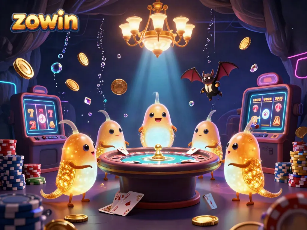 Bet big with Zowin's vibrant 3D casino lights and glittering game elements illuminating the scene.