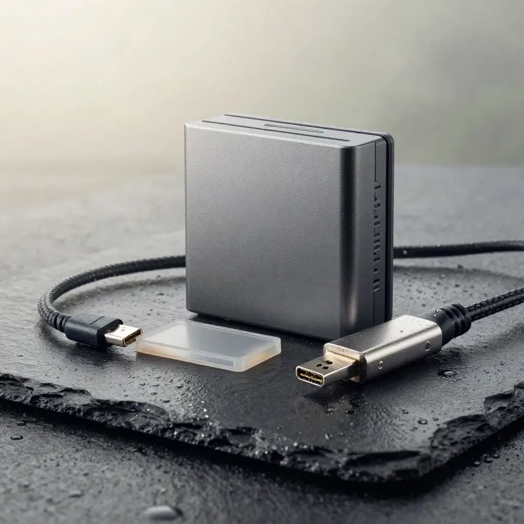 VPN router, security key, SIM tray, cable and adapter on wet slate at dawn