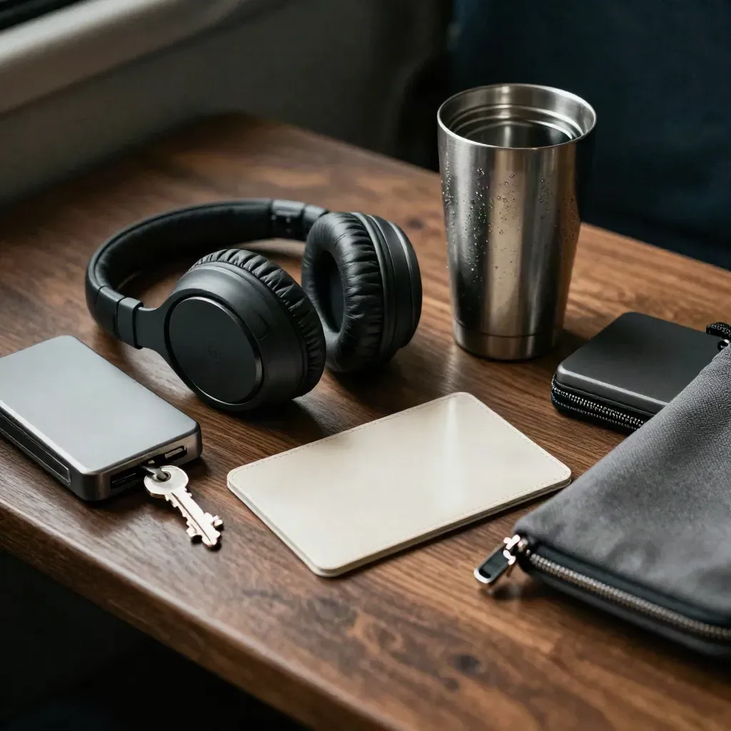 Commuter travel kit on dark wood: headphones, mug, rail sleeve, router, and cable pouch in moody light