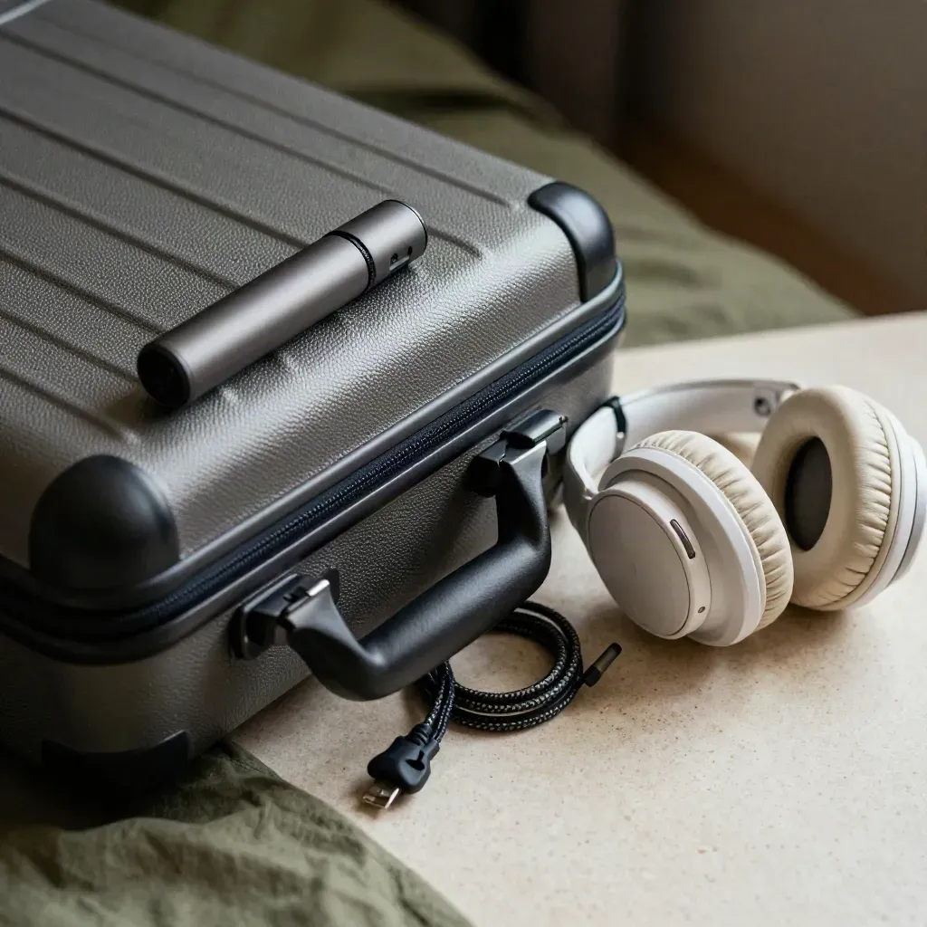 Open travel streaming kit on pale stone with case, cable, stick, and headphones in soft macro light.