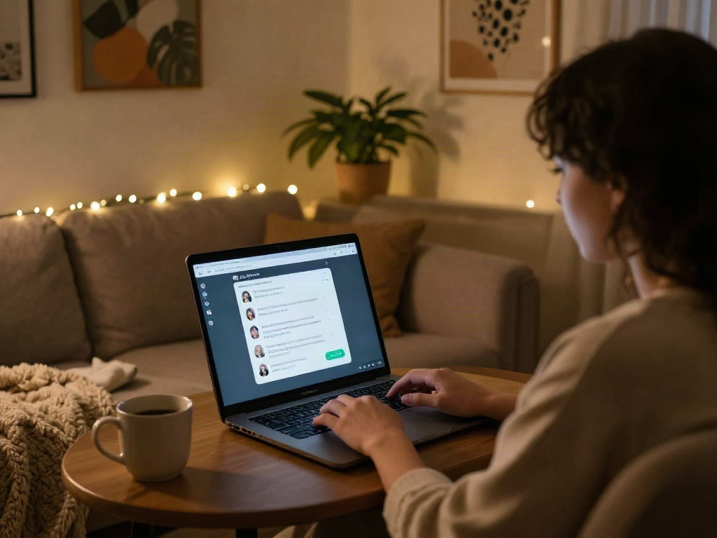 Cozy home setup exploring ai sex chat with laptop and warm lighting