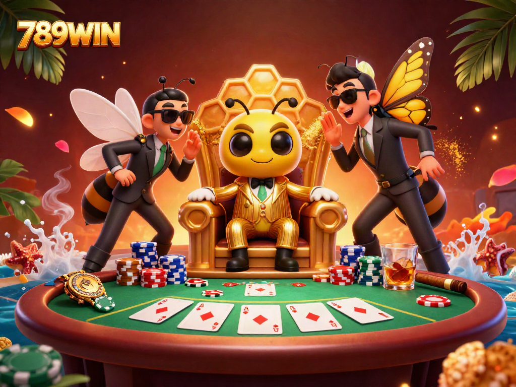 Engage in thrilling poker with 789WIN, as a bumblebee mob boss rules the game in a lavish casino setting.
