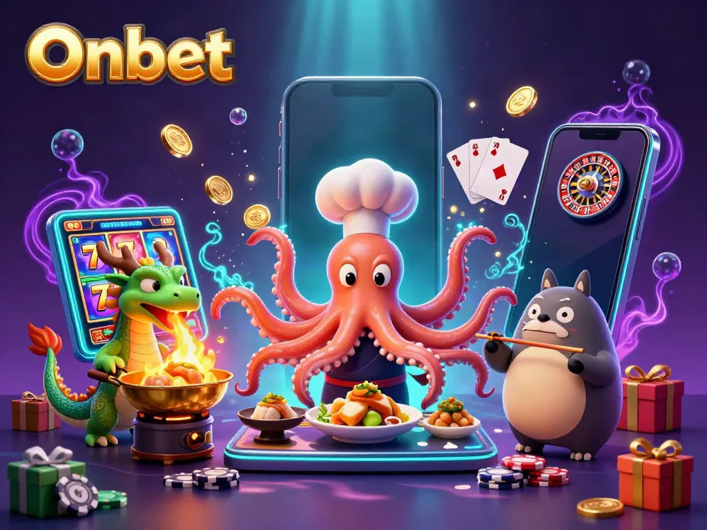 Engage with Onbet’s vibrant casino world featuring a sushi octopus chef and playing characters.