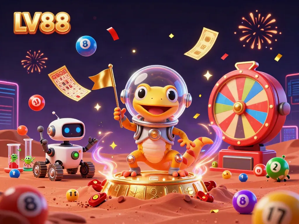 Engage with LV88's thrilling golden casino adventure featuring a Martian gecko and exciting game elements.