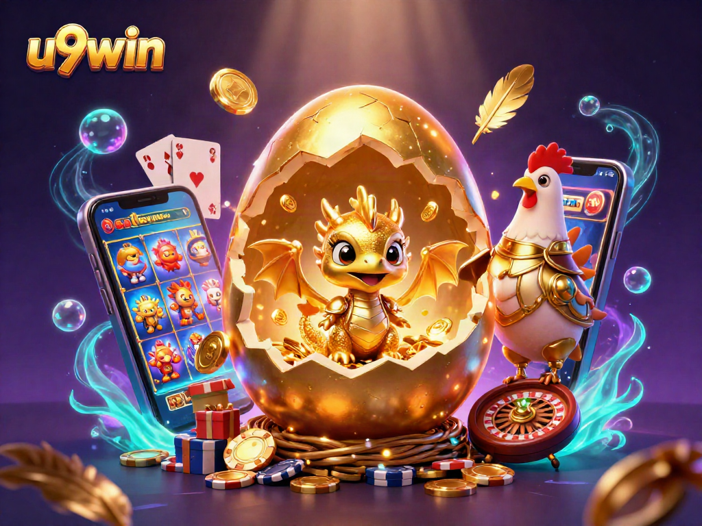 Engage with u9win's thrilling gaming scene featuring a golden dragon and lavish slot gameplay.