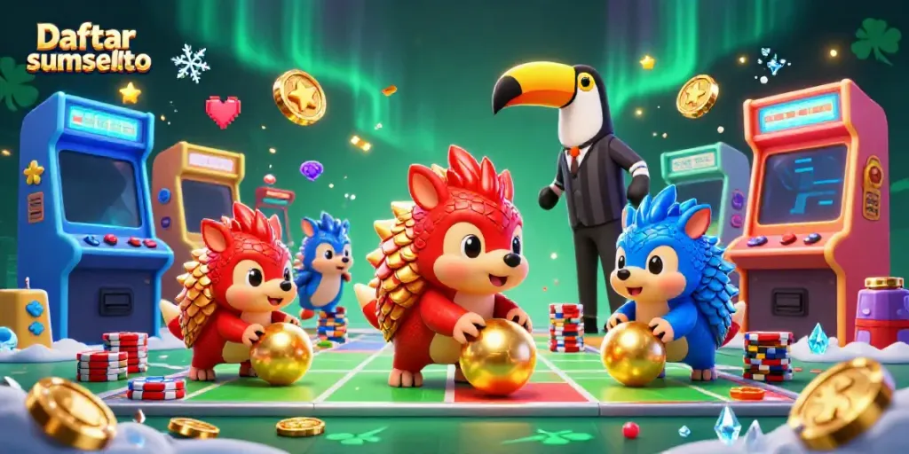 Engage with Daftar sumseltoto through a vibrant 3D casino illustration featuring playful pangolins in a colorful game scene.