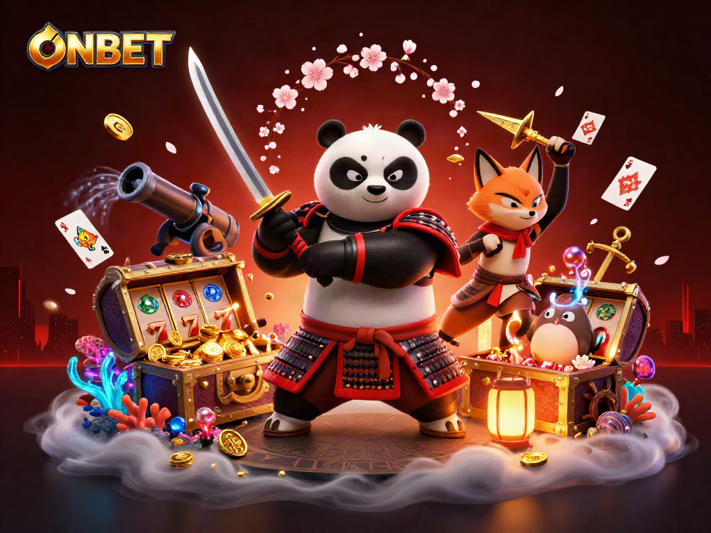 Engage with ONBET as the samurai panda draws his katana amidst exciting casino treasures.