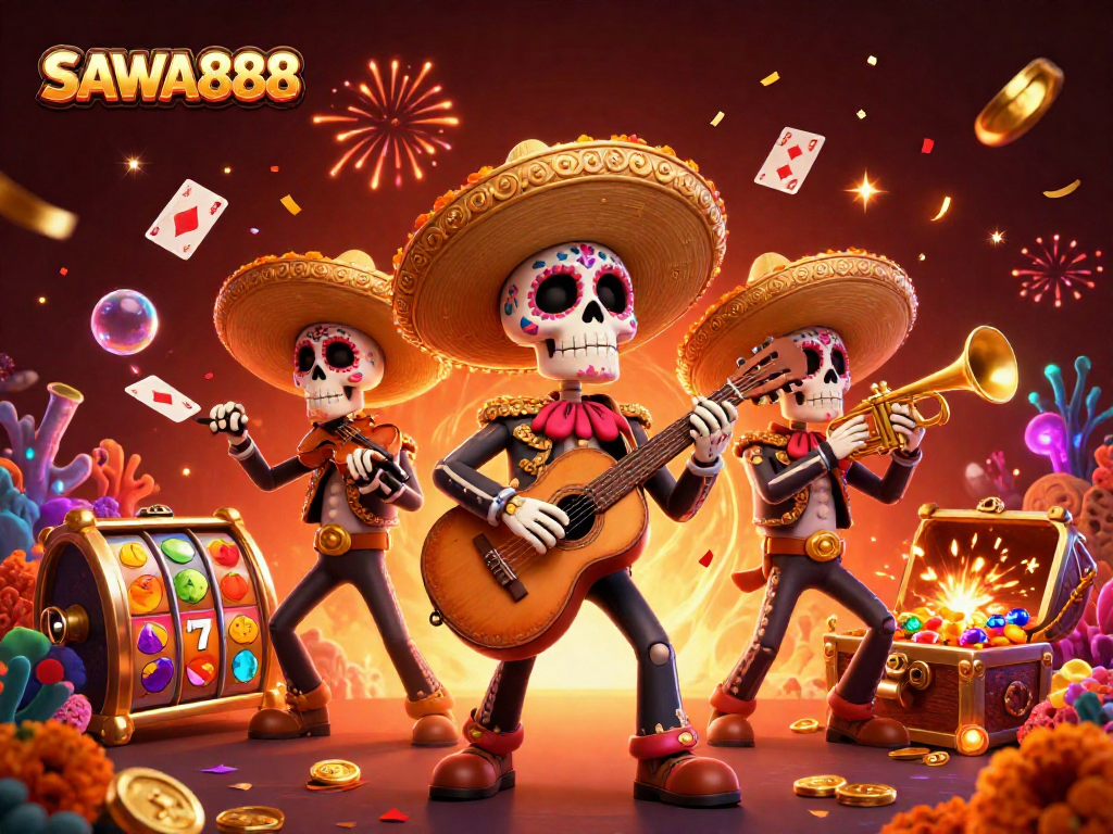 Experience excitement with SAWA888 as skeleton mariachi musicians engage with casino elements like slot reels and playing cards.