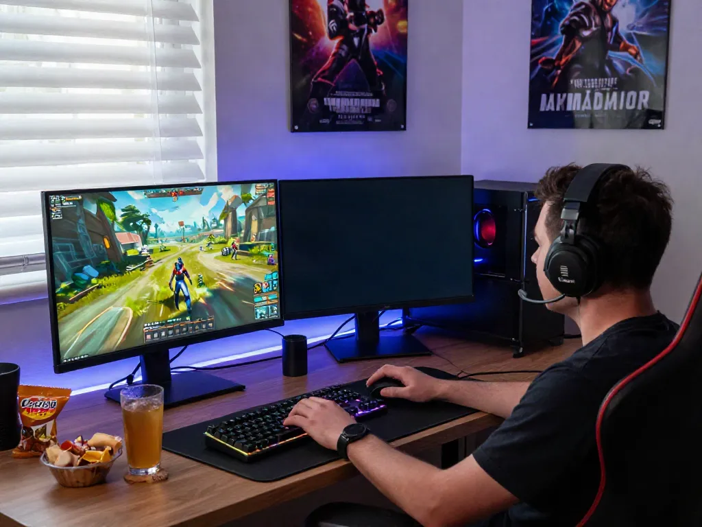 Engaging online gaming experience at http://debet-onl.com with vibrant visuals, modern setup, and snacks.