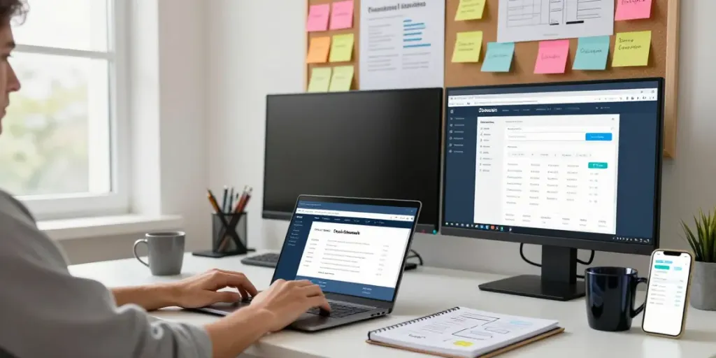 Registering a cheap .co.uk domain in a bright creative workspace with dual monitors.