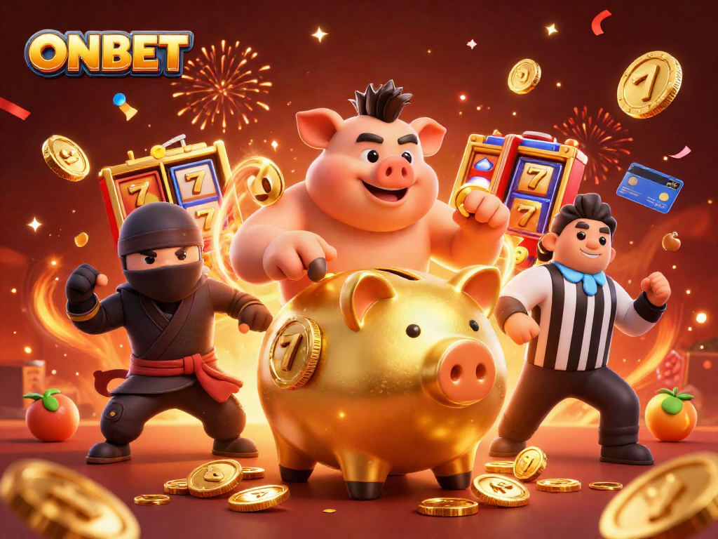 Experience exciting moments with ONBET as a gold piggy bank sumo wrestler shakes coins from the jackpot.