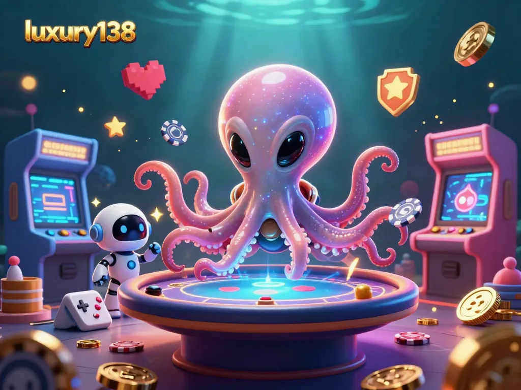 Experience gaming excitement at luxury138 with a vibrant scene featuring a playful octopus and dynamic casino elements.