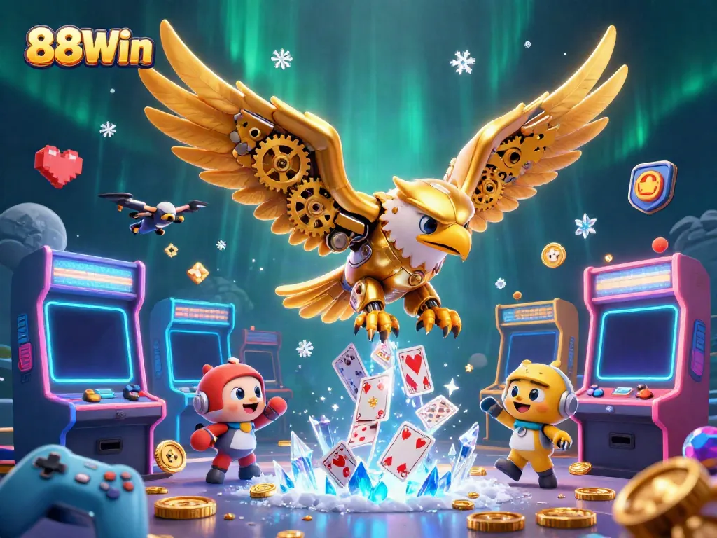 Engage with 88Win's dynamic 3D representation of a cybernetic eagle in a thrilling casino-themed gaming scene.