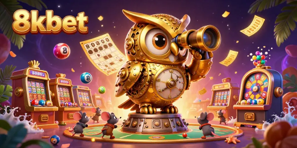 Capture the excitement of 8xbet with an owl surveying a lively casino scene full of games and colorful elements.