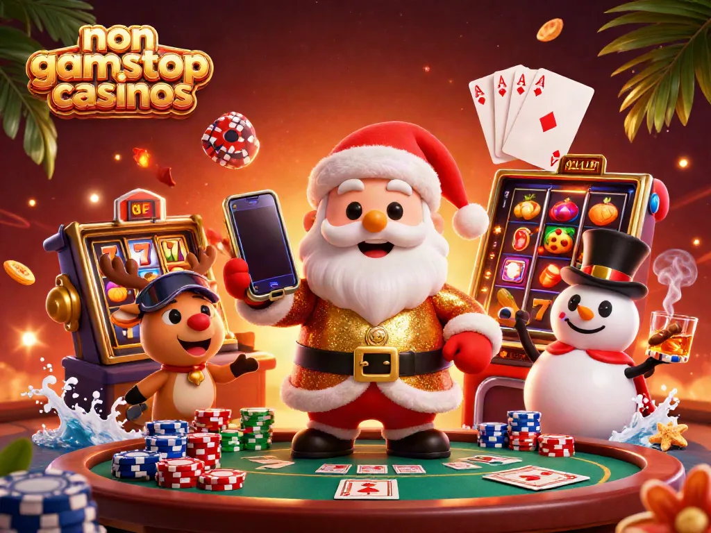 Santa Claus playing at non gamstop casinos with poker chips and slot reels, showcasing festive gambling.