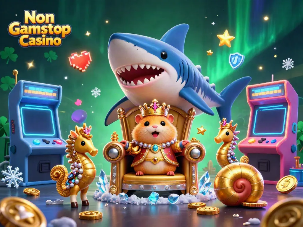 Engage with the thrilling scene of a Non Gamstop Casino led by a hamster king surrounded by vibrant arcade elements.