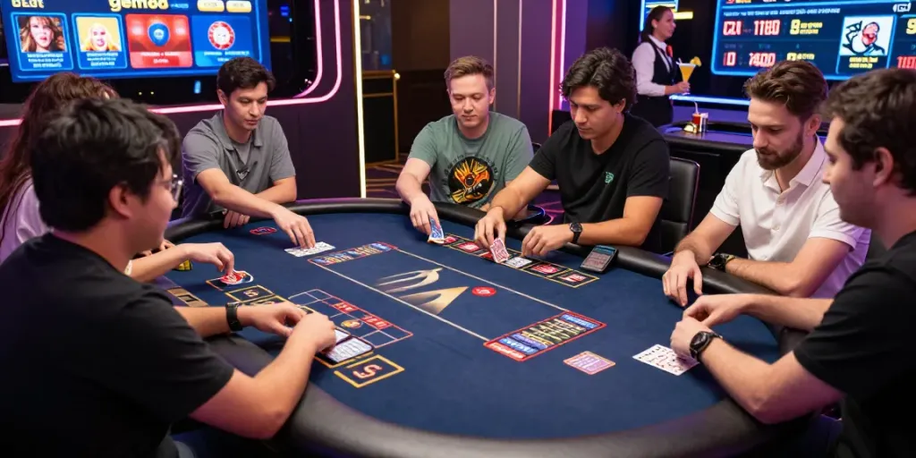 Group of players enjoying dynamic card games at nhà cái gem88 with live digital screens.