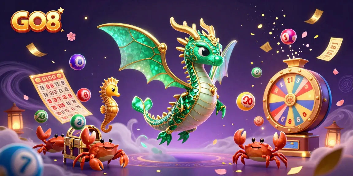 Engage with GO8's vibrant lottery-themed illustration featuring dynamic game elements and cheerful casino atmosphere.
