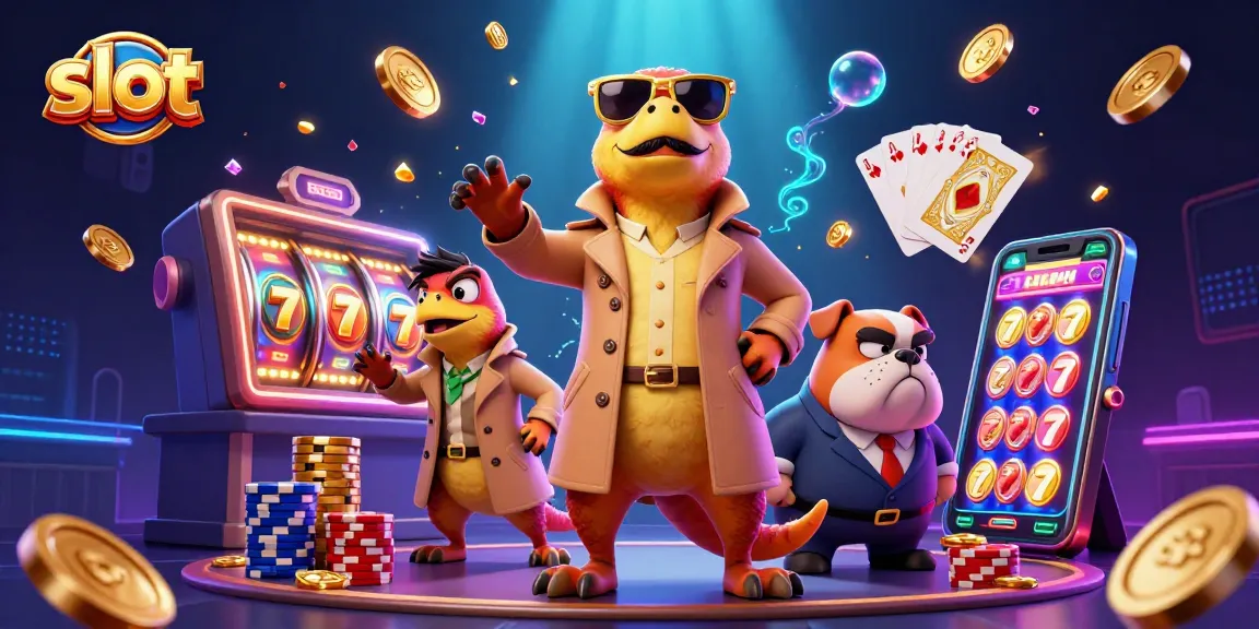 Spin the slot reels in a vibrant casino scene with witty raptors and a suspicious bulldog.