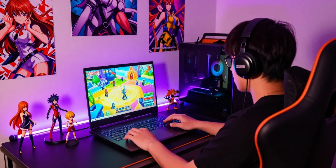 Player enjoying ecchi games on a gaming laptop amidst vibrant anime decor.