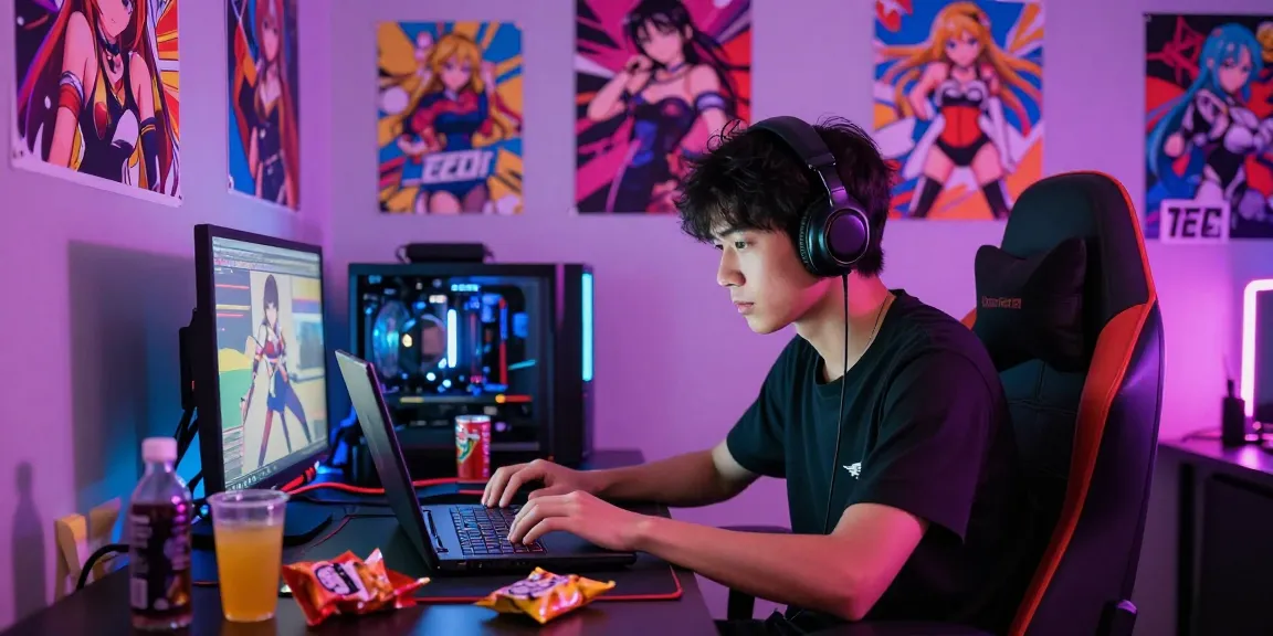 Gamer immersed in ecchi games surrounded by vibrant decor and snacks.