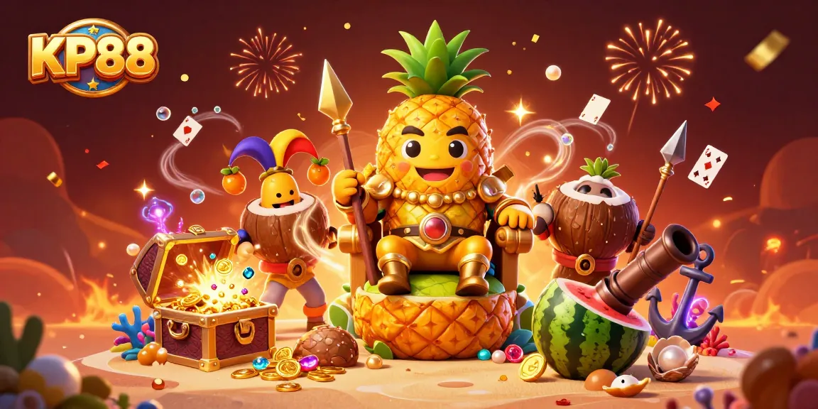 Experience casino excitement with KP88's vibrant gaming characters and treasure-filled beach scene.