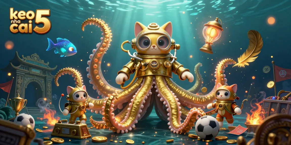 Engage with keo nha cai 5 through a captivating underwater betting scene featuring a kraken and a diving cat.