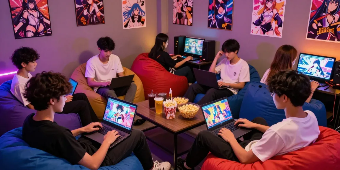 Young adults enjoying a vibrant gaming lounge playing hentai game on multiple devices amid lively decor.