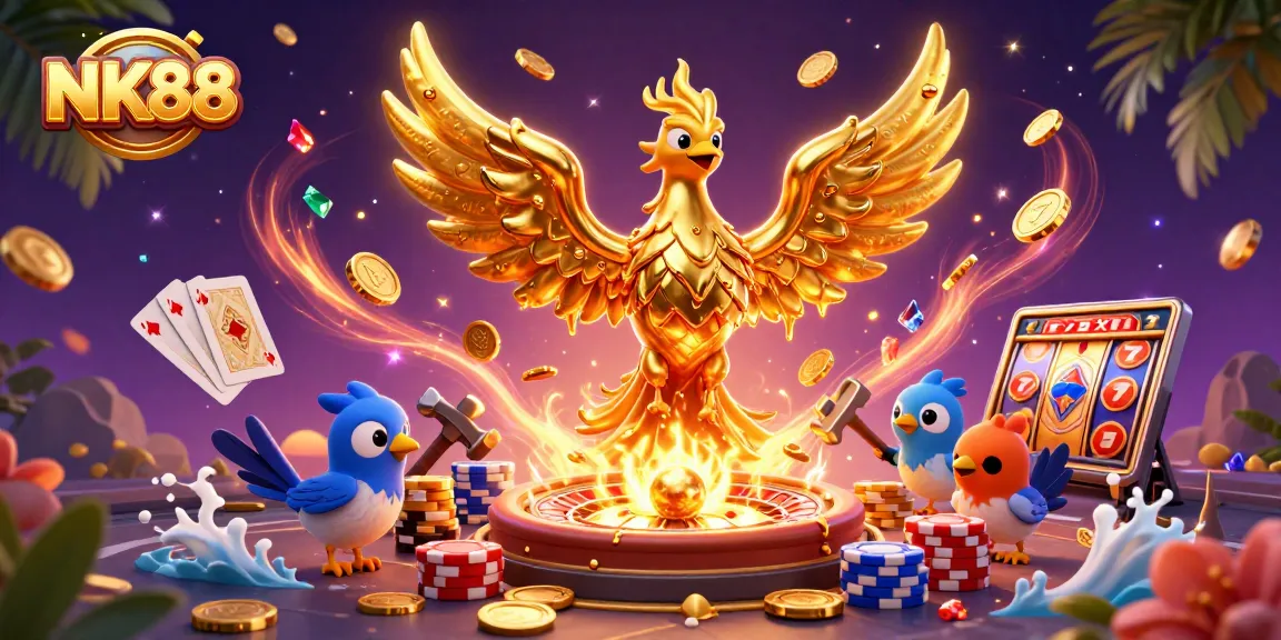 Experience winning excitement at NK88 with golden phoenix and dynamic casino elements.