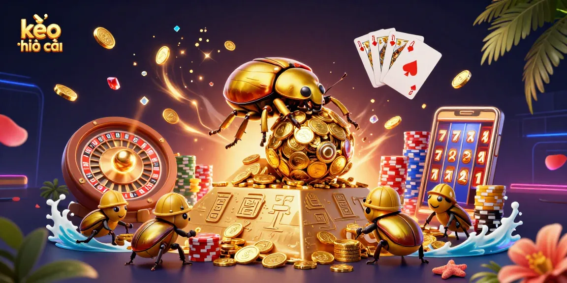 Engaging depiction of kèo nhà cái with golden beetles and coins symbolizing sports betting.