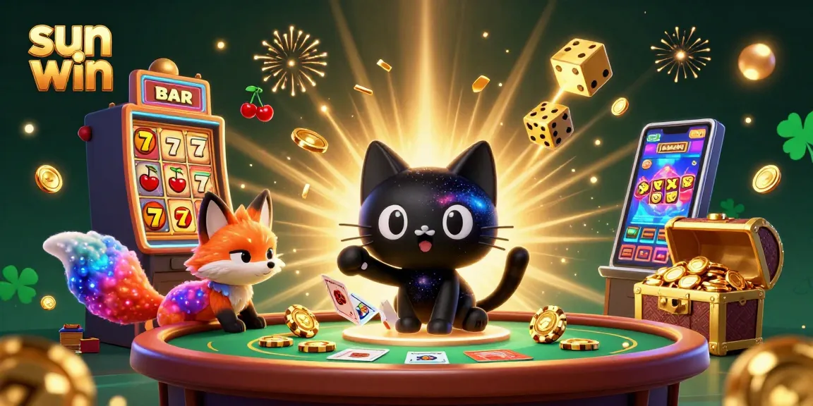 Win big at sun win with this dynamic casino illustration featuring a black hole cat and vibrant game elements.