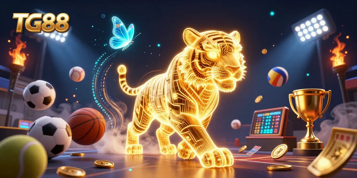 Experience TG88 with a vibrant casino scene featuring a neon tiger and dynamic sports elements.