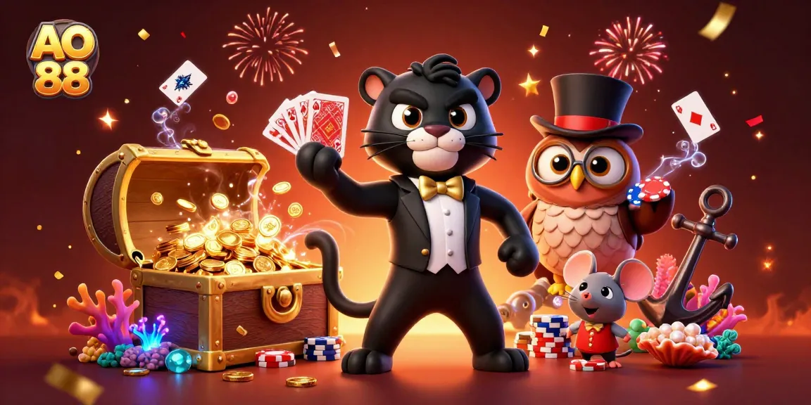Experience thrilling wins at AO 88 with stylish characters dealing cards and surrounded by vibrant casino elements.