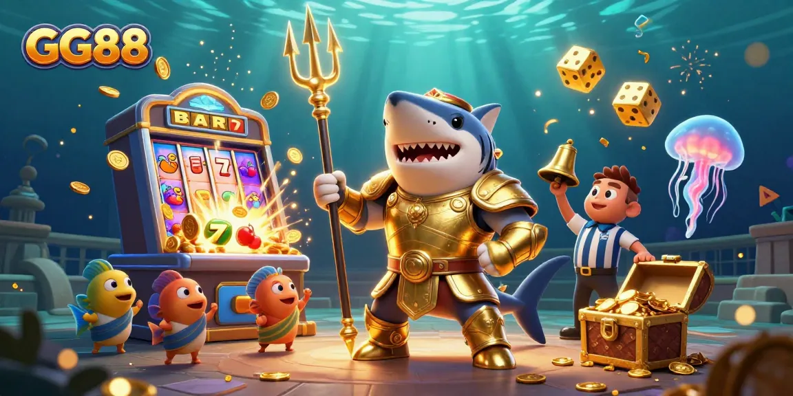Experience the excitement of GG88 with a dynamic underwater casino scene featuring a golden shark and jackpot elements.