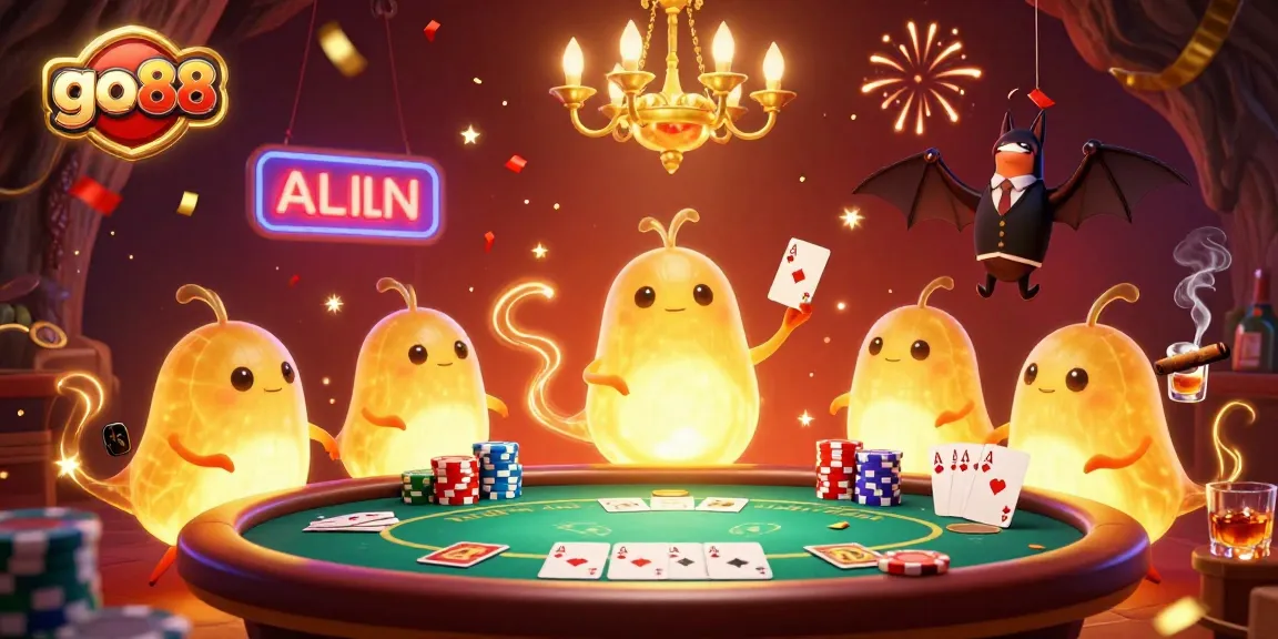 Experience the excitement of go88 casino with vibrant glowworms lighting a dynamic poker scene.