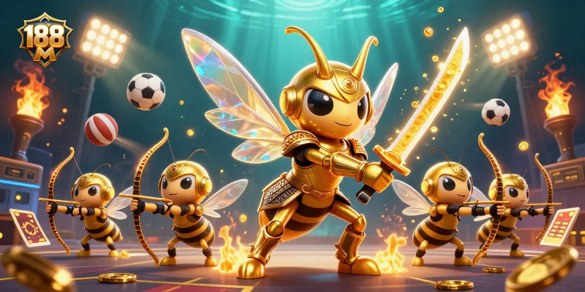 Engage with 188 M's dynamic gaming experience illustrated with golden hornet warriors and vibrant sports elements.