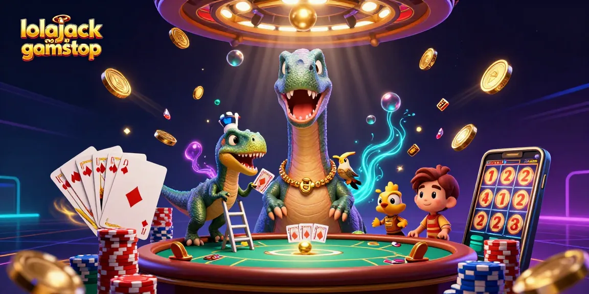Lolajack Casino Gamstop features a vibrant 3D casino scene with a giant brontosaurus, clever raptor, and dynamic game elements.