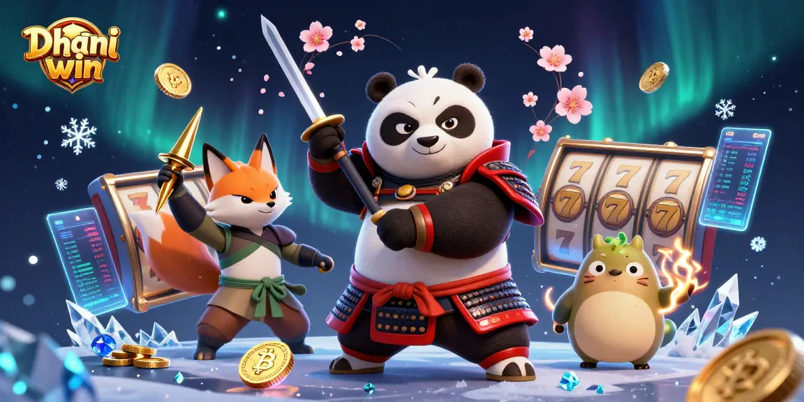 Dhani win platform showcases a dynamic casino environment with samurai panda, ninja fox, and rich gaming elements.