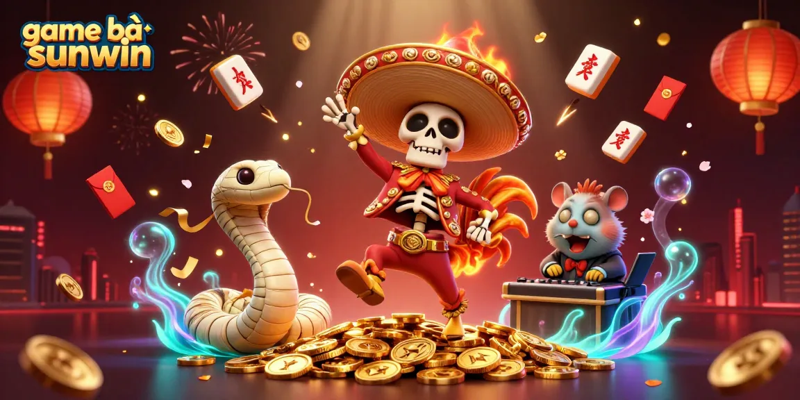 Experience exciting game bài sunwin with a dancing rooster, mummy snake, and DJ hamster amidst vibrant casino elements.