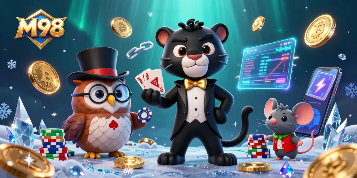 M98 showcases an elegant tuxedo-wearing panther dealing cards amidst glowing Bitcoin and Ethereum coins in a vibrant casino scene.